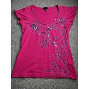 Escada Sport Shirt Womens XS Pink Sequin Embellished Floral Scoop Neck Top Y2K